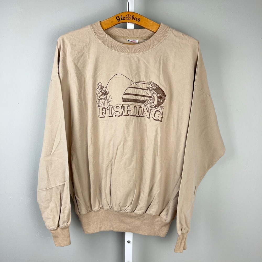 Vintage Quitman USA Shirt Mens Large Embroidered Fishing Tan Long Sleeve‎